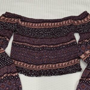 Charlotte Russe Smocked Boho Gypsy Womens Crop Top Bell Sleeves Purples sz Small